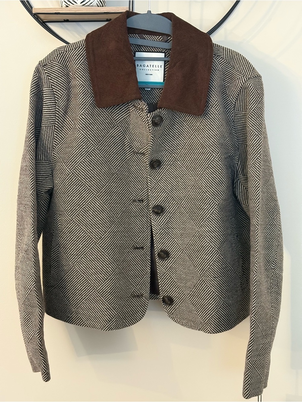 Bagatelle Black & White Diamond-Pattern Blazer with Brown Corduroy Collar